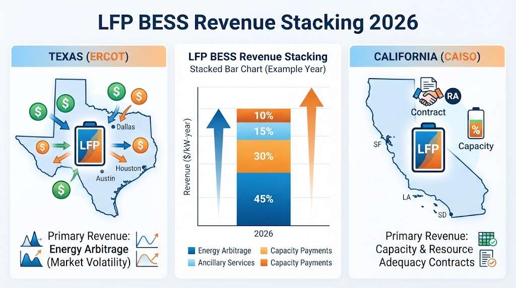 LFP BESS Revenue Stacking 2026: Applications in ERCOT and CAISO