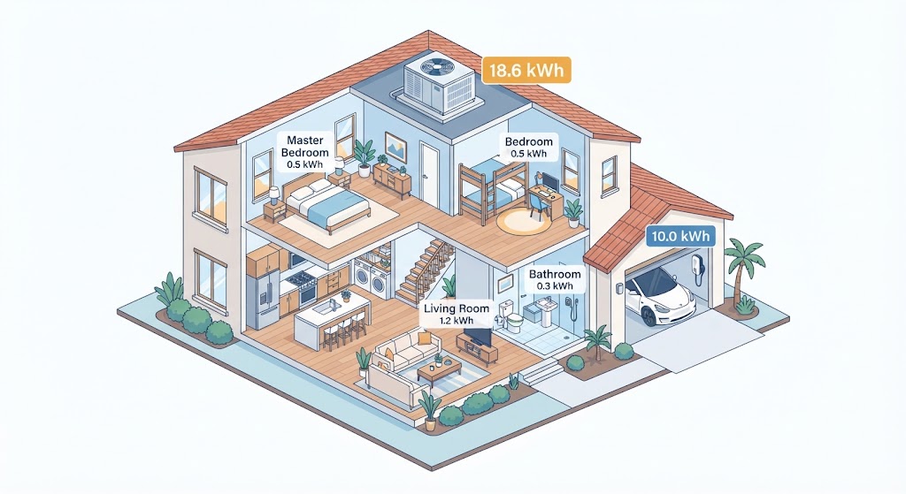 Infographic showing daily kWh use by room in a typical California home