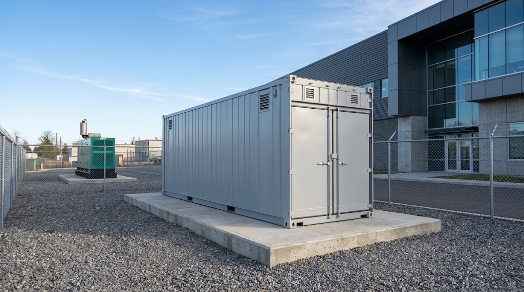 Self-contained outdoor BESS container on a concrete pad beside a data center building.