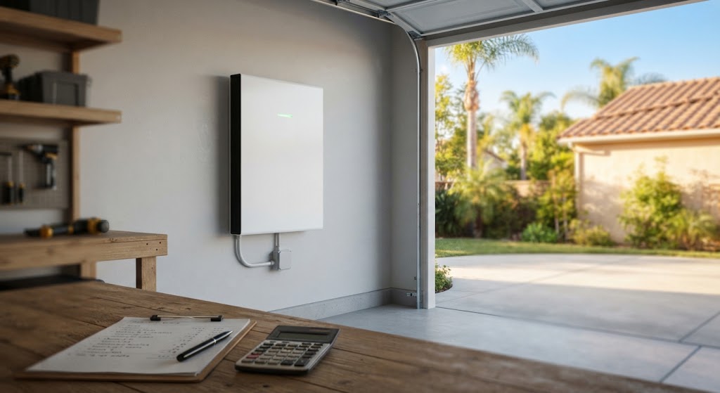 Home battery installed on a garage wall in a California home, illustrating how much a solar battery costs in California in 2026.