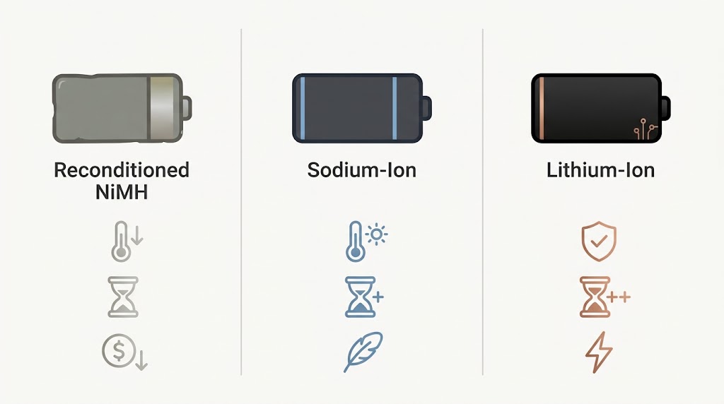 Icon infographic comparing reconditioned NiMH, sodium-ion, and lithium-ion hybrid batteries by heat tolerance, lifespan, weight, and performance