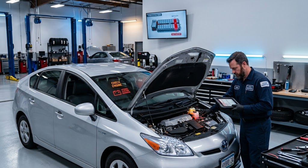 Mechanic diagnosing a hybrid battery error code on a tablet while the check engine light glows on a hybrid car dashboard.