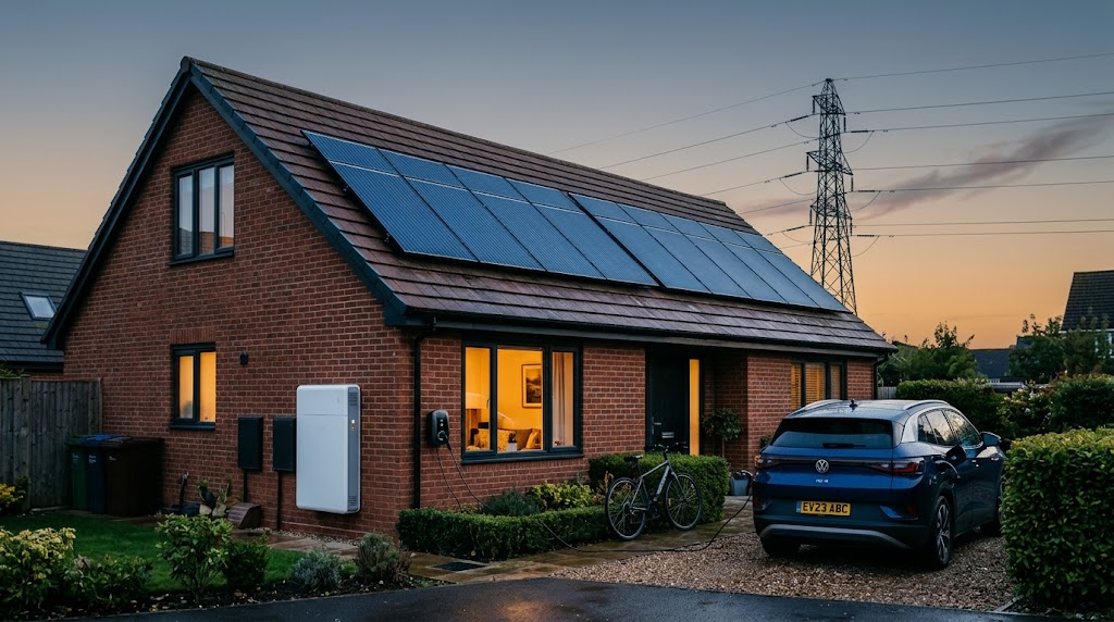 UK home with solar panels and a home battery at dusk, showing how to lower energy bills UK.