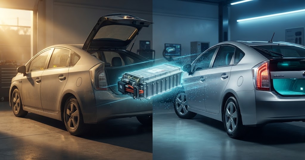NextG Power Lithium-Ion Upgrade installed in an older Toyota Prius, showing restored performance and improved rear suspension stance
