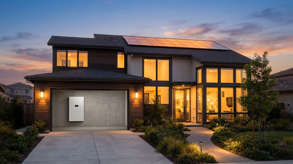 Modern home with rooftop solar panels and a wall-mounted solar battery glowing at dusk