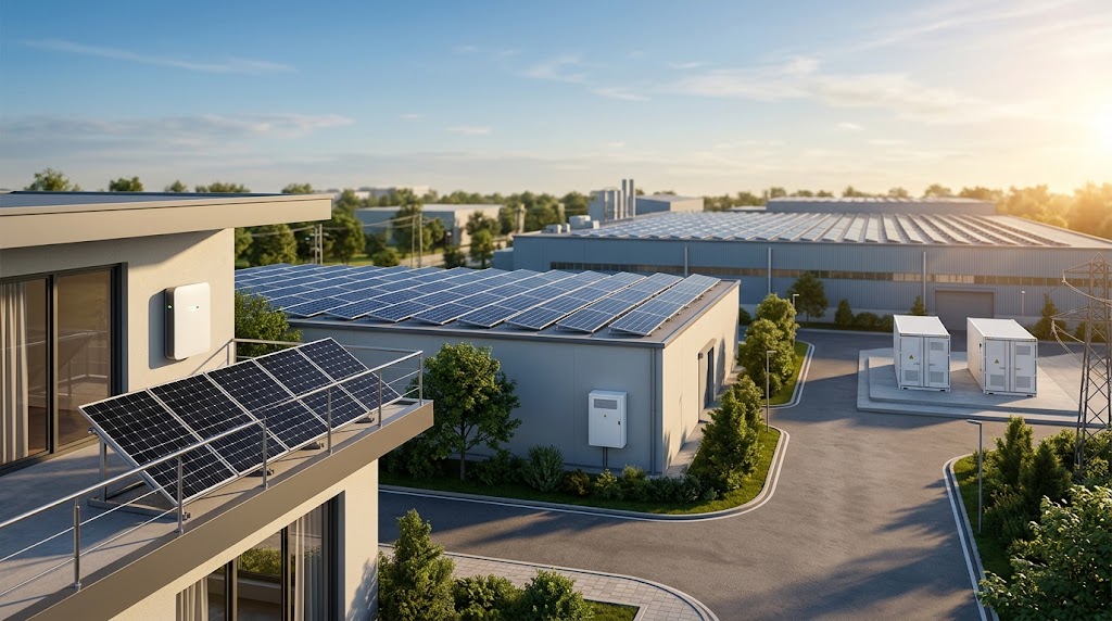 solar plus battery storage shown from a balcony solar setup with wall-mounted battery to a factory rooftop with solar panels and containerized battery units